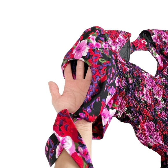 PANTAGIS Vtg 80s Drop Waist Floral Long Dress Rayon Big Shoulder Cutout Stretch - Picture 10 of 15